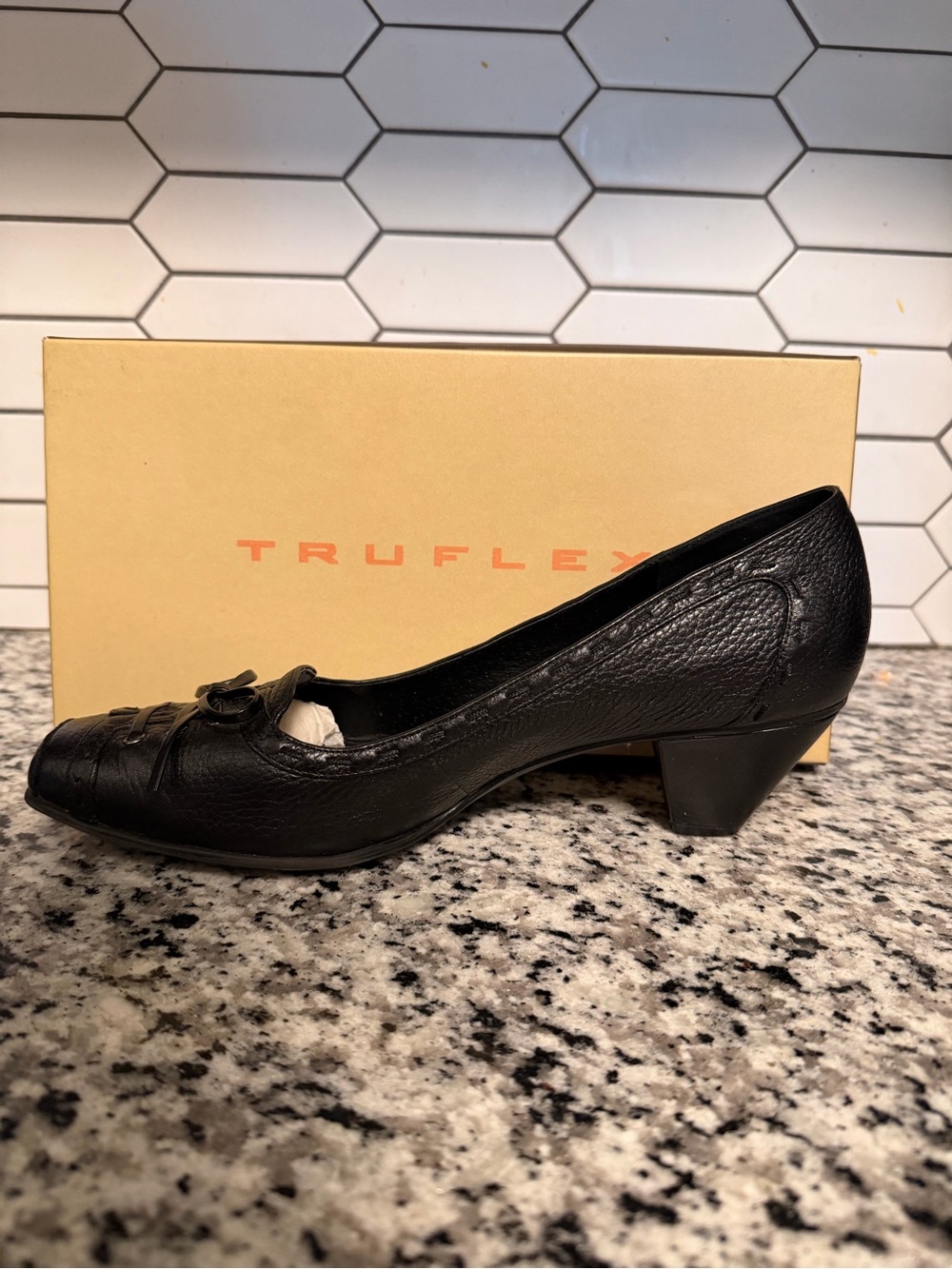 Kohl's Black Textured Low Block Heel Pump with Bow